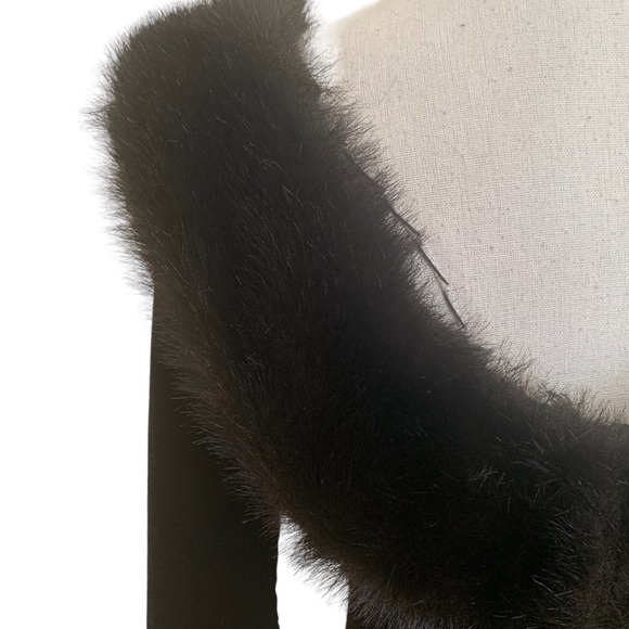 Vintage 90s Chocolate Brown Stretch Velvet Faux Fur Collar Maxi Dress Small - Picture 5 of 12